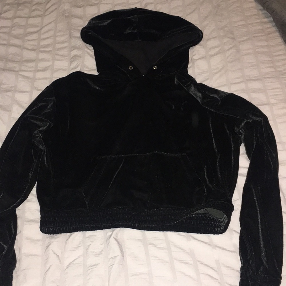 Pink cropped velour hoodie